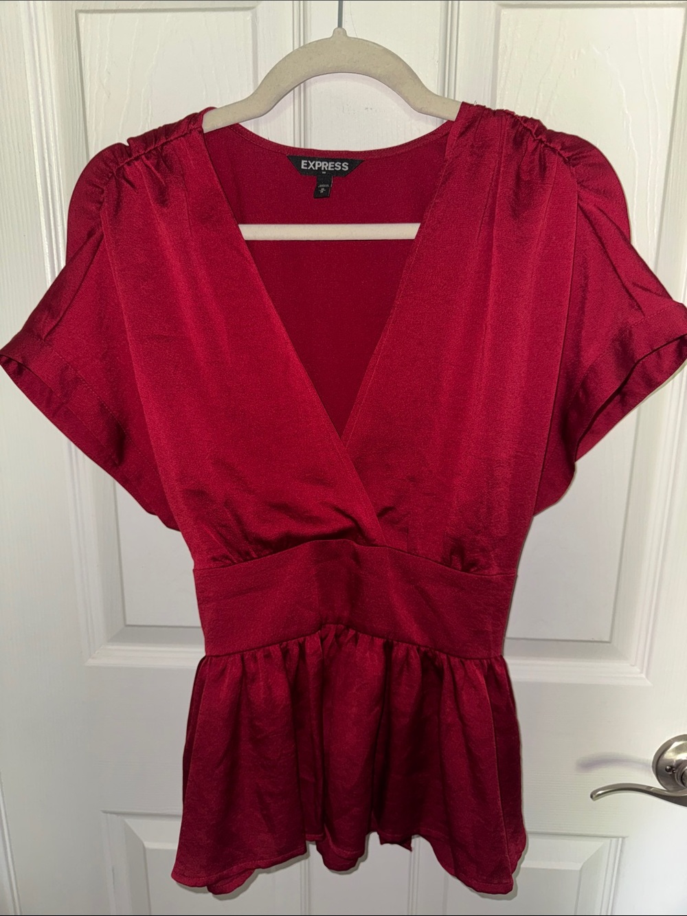Express Satin Deep Red V-Neck Peplum Top